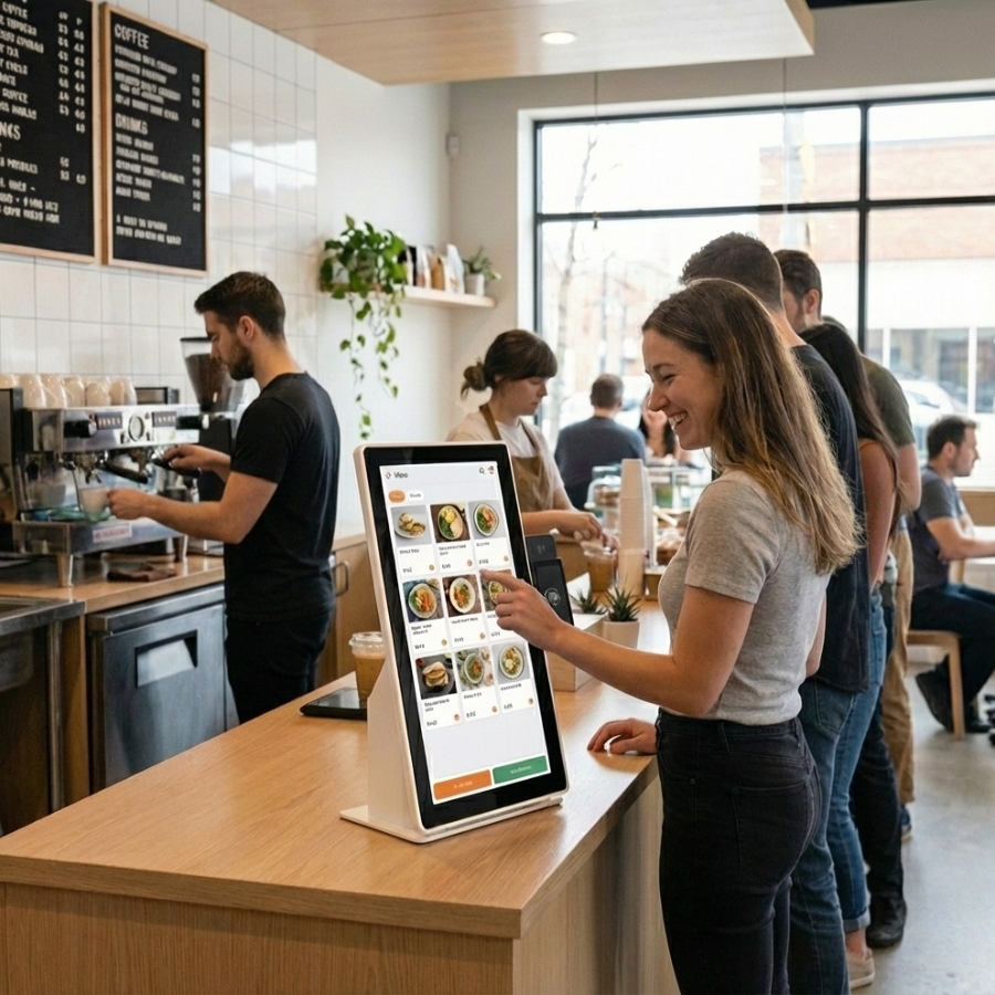 Kiosk screen showing upsell prompts